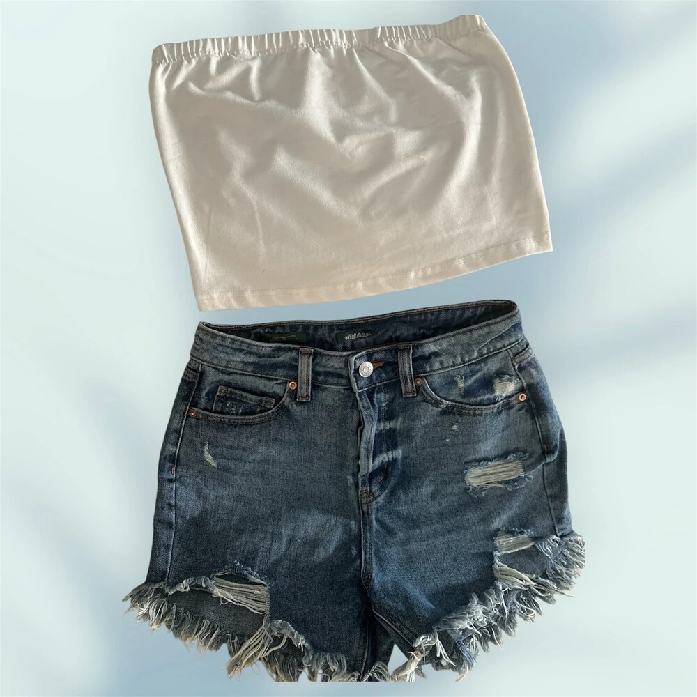 Wild Fable Distressed High-Rise Denim Shorts With White Tube Top